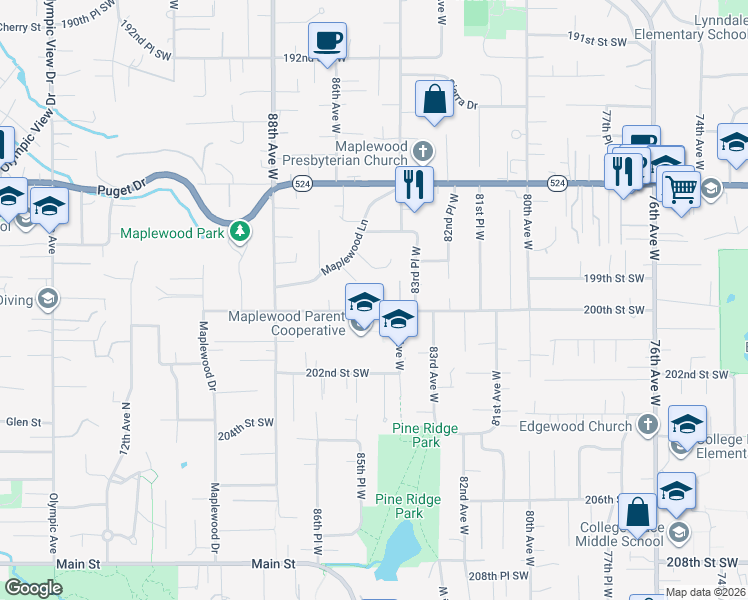 map of restaurants, bars, coffee shops, grocery stores, and more near 8423 200th Street Southwest in Edmonds