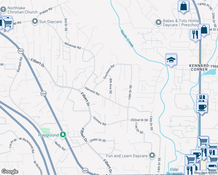 map of restaurants, bars, coffee shops, grocery stores, and more near 710 Duchess Road in Bothell