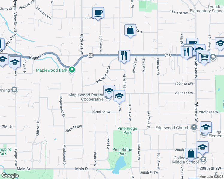 map of restaurants, bars, coffee shops, grocery stores, and more near 8427 200th Street Southwest in Edmonds