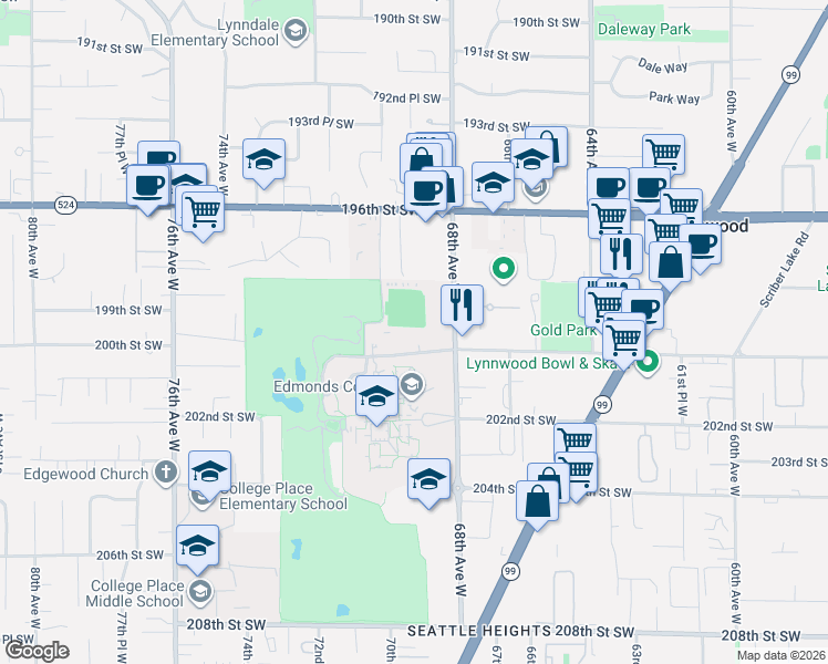 map of restaurants, bars, coffee shops, grocery stores, and more near 19920 68th Avenue West in Lynnwood