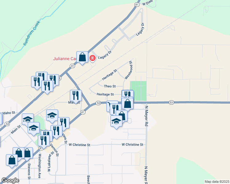 map of restaurants, bars, coffee shops, grocery stores, and more near 6898 Theo Street in Rathdrum