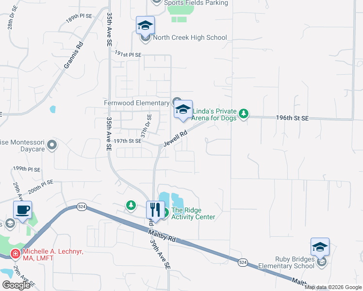 map of restaurants, bars, coffee shops, grocery stores, and more near 3924 Jewell Road in Bothell