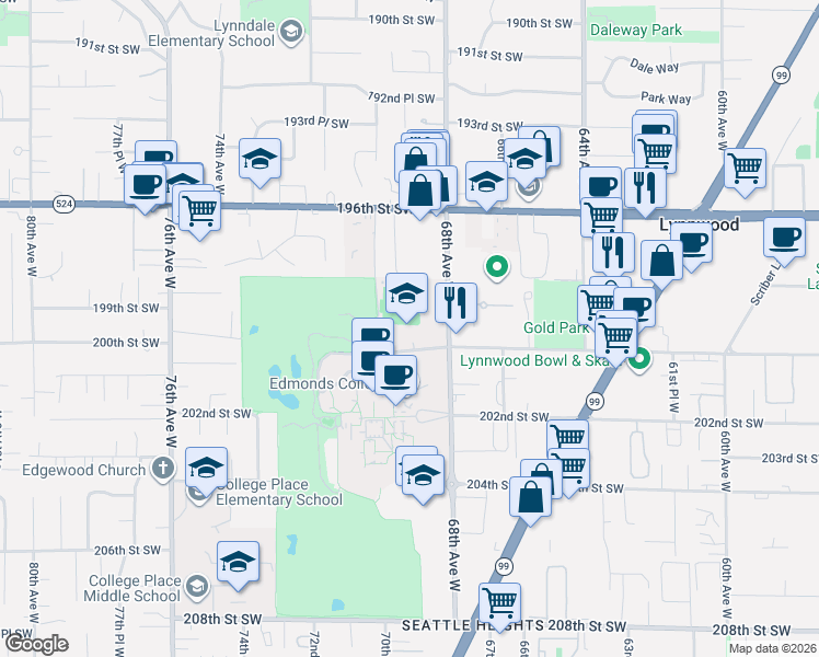 map of restaurants, bars, coffee shops, grocery stores, and more near 19920 68th Avenue West in Lynnwood