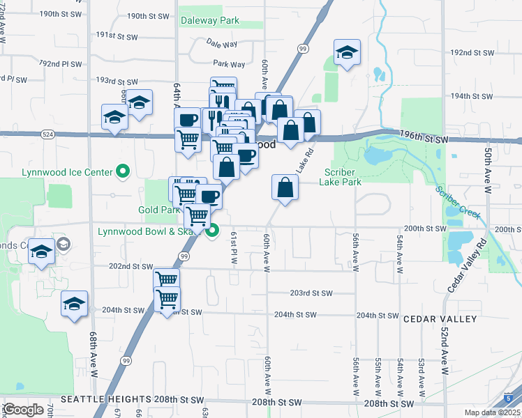 map of restaurants, bars, coffee shops, grocery stores, and more near 19912 Scriber Lake Road in Lynnwood
