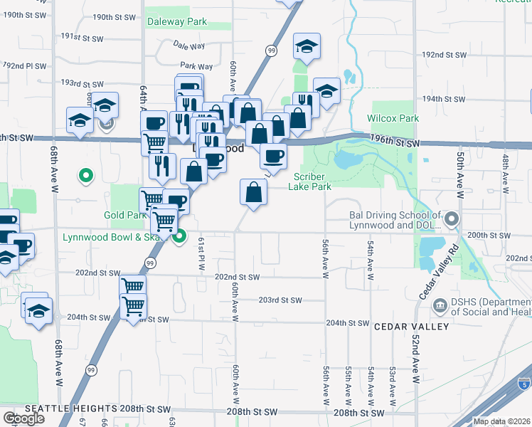 map of restaurants, bars, coffee shops, grocery stores, and more near 5825 200th Street Southwest in Lynnwood