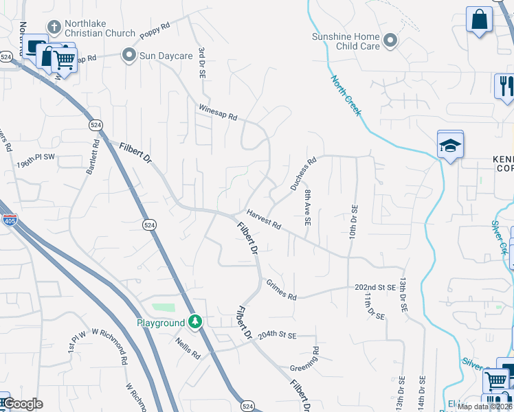 map of restaurants, bars, coffee shops, grocery stores, and more near 429 Harvest Road in Bothell