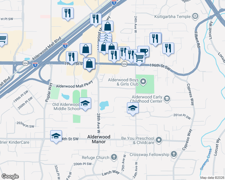 map of restaurants, bars, coffee shops, grocery stores, and more near 2630 198th Place Southwest in Lynnwood