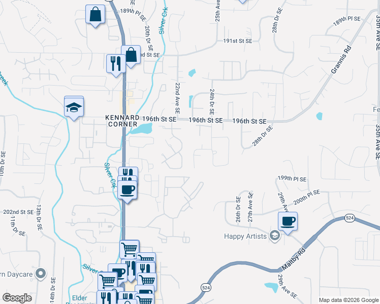 map of restaurants, bars, coffee shops, grocery stores, and more near 19806 23rd Drive Southeast in Mill Creek