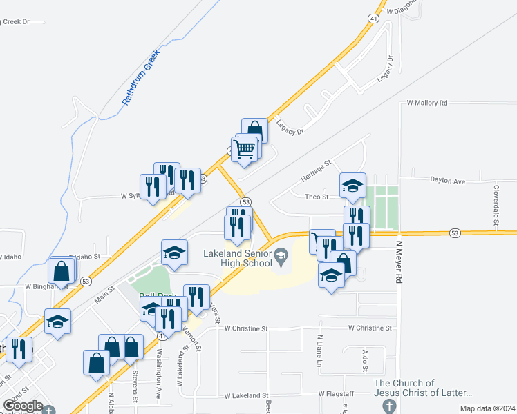 map of restaurants, bars, coffee shops, grocery stores, and more near 7174 Heritage Street in Rathdrum