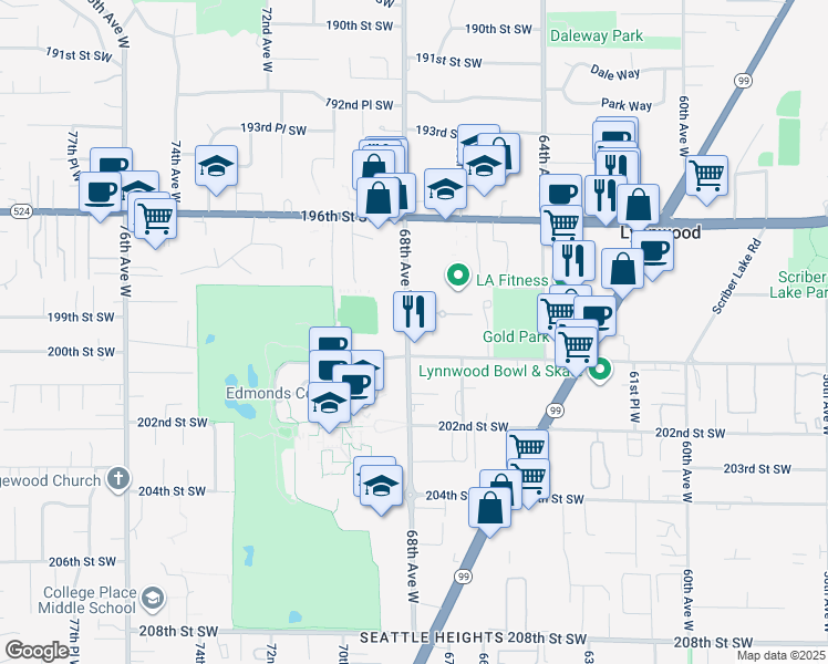map of restaurants, bars, coffee shops, grocery stores, and more near 19905 68th Avenue West in Lynnwood