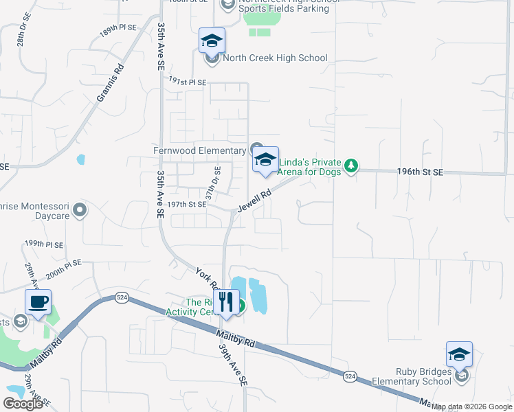 map of restaurants, bars, coffee shops, grocery stores, and more near 3924 Jewell Road in Bothell