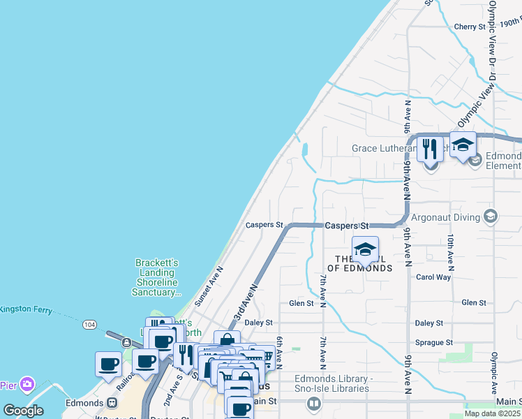map of restaurants, bars, coffee shops, grocery stores, and more near 723 Hanna Park Road in Edmonds