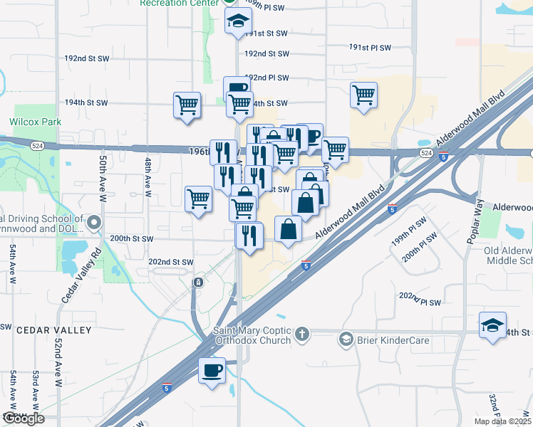 map of restaurants, bars, coffee shops, grocery stores, and more near 4300 198th Street Southwest in Lynnwood