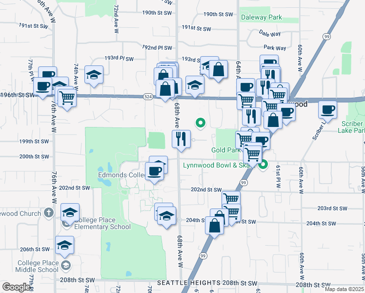 map of restaurants, bars, coffee shops, grocery stores, and more near 19905 68th Avenue West in Lynnwood