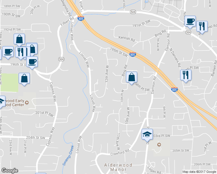 map of restaurants, bars, coffee shops, grocery stores, and more near 19817 12th Avenue West in Lynnwood