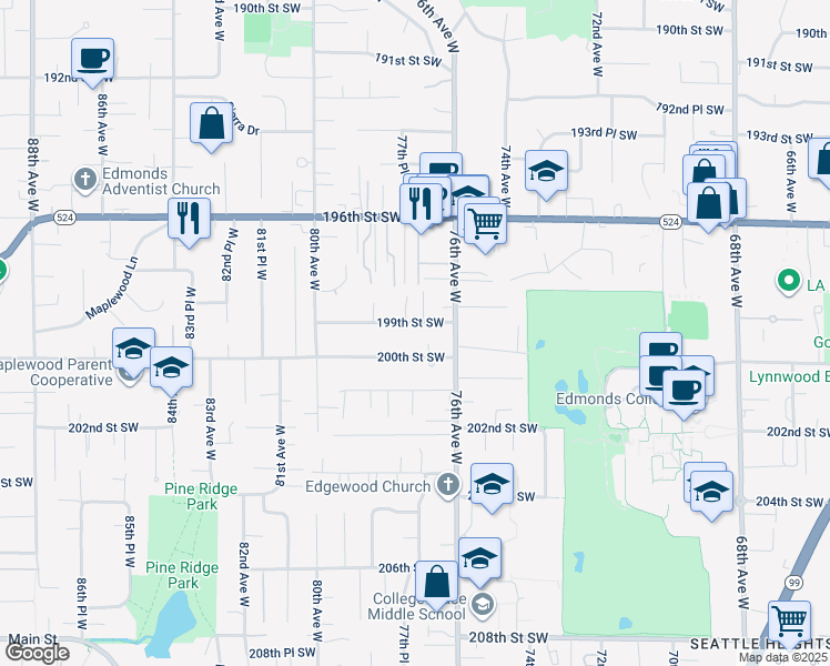 map of restaurants, bars, coffee shops, grocery stores, and more near 7670 199th Street Southwest in Edmonds
