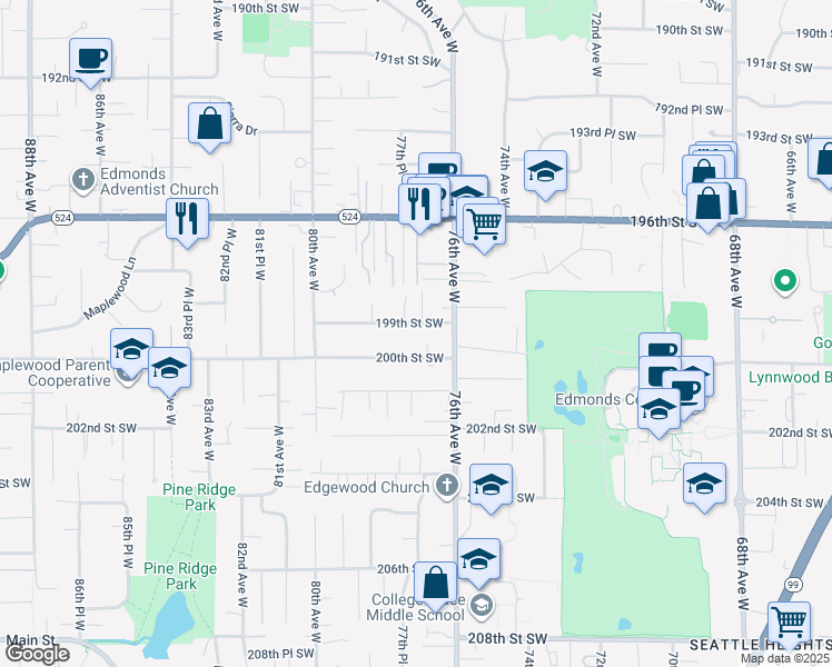 map of restaurants, bars, coffee shops, grocery stores, and more near 7670 199th Street Southwest in Edmonds