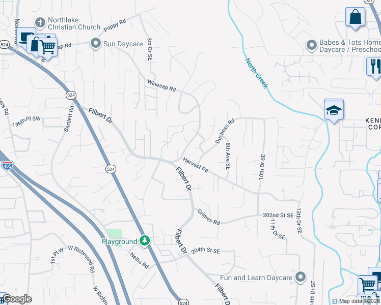 map of restaurants, bars, coffee shops, grocery stores, and more near 429 Harvest Road in Bothell
