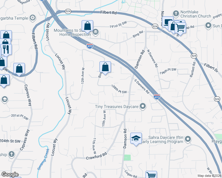 map of restaurants, bars, coffee shops, grocery stores, and more near 906 198th Place Southwest in Lynnwood