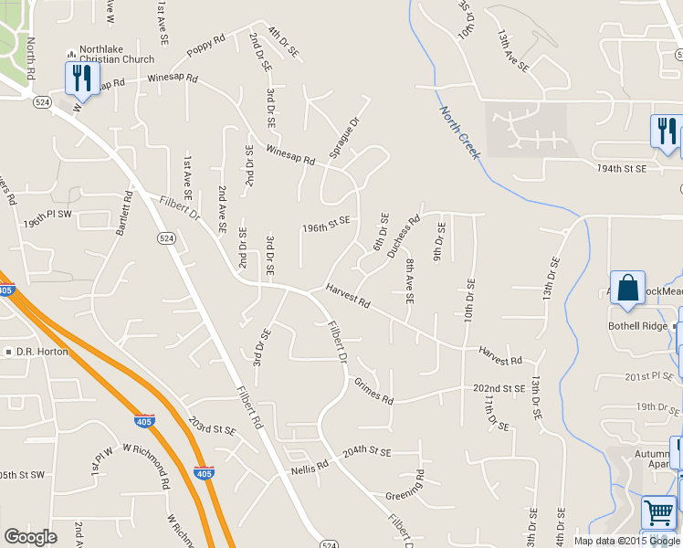 map of restaurants, bars, coffee shops, grocery stores, and more near 429 Harvest Road in Bothell