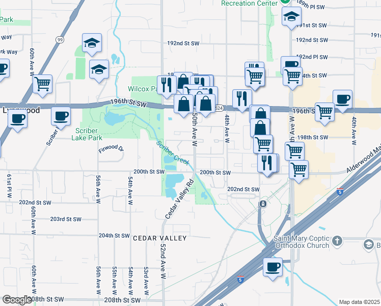 map of restaurants, bars, coffee shops, grocery stores, and more near 19806 50th Avenue West in Lynnwood