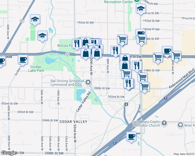 map of restaurants, bars, coffee shops, grocery stores, and more near 19827 50th Avenue West in Lynnwood