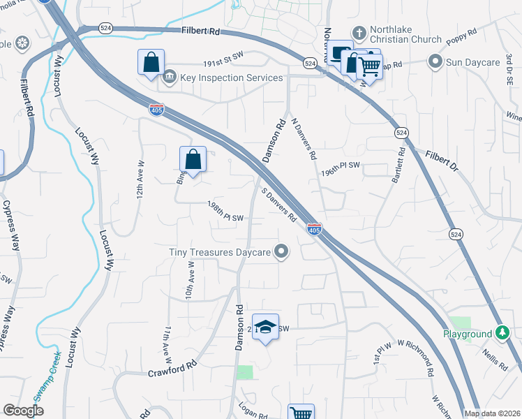 map of restaurants, bars, coffee shops, grocery stores, and more near 19815 Damson Road in Lynnwood