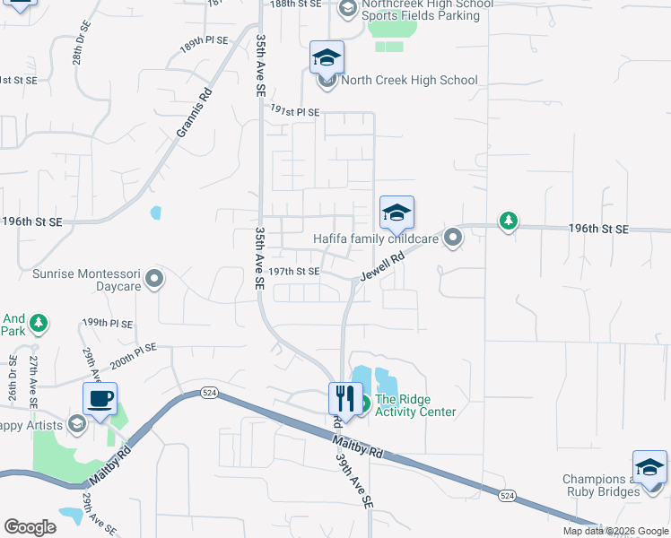 map of restaurants, bars, coffee shops, grocery stores, and more near 3724 196th Place Southeast in Bothell