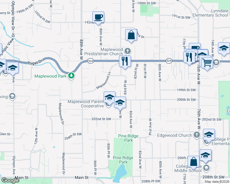 map of restaurants, bars, coffee shops, grocery stores, and more near 8423 200th Street Southwest in Edmonds