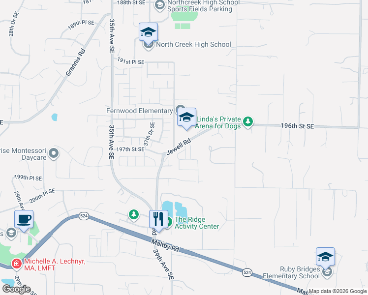 map of restaurants, bars, coffee shops, grocery stores, and more near 3924 Jewell Road in Bothell