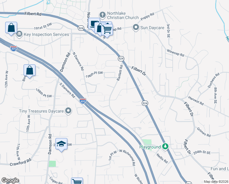 map of restaurants, bars, coffee shops, grocery stores, and more near 19731 Bartlett Road in Mill Creek