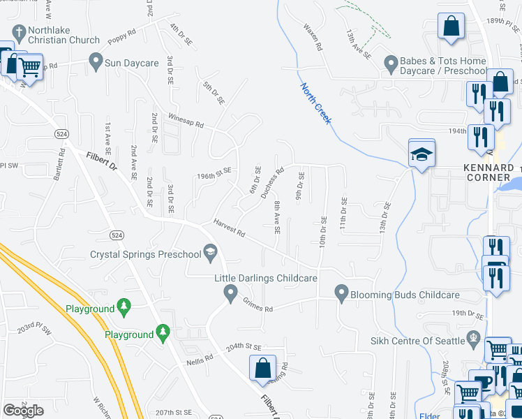 map of restaurants, bars, coffee shops, grocery stores, and more near 710 Duchess Road in Bothell