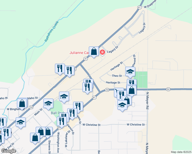 map of restaurants, bars, coffee shops, grocery stores, and more near 7174 Heritage Street in Rathdrum