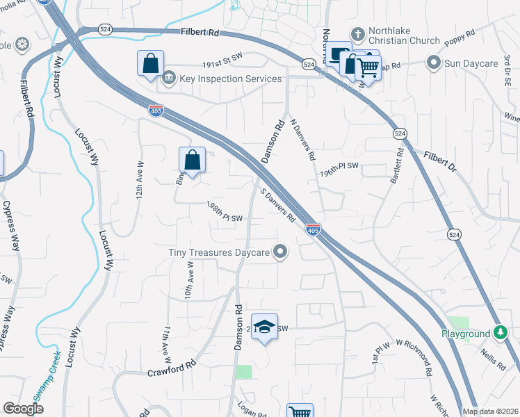 map of restaurants, bars, coffee shops, grocery stores, and more near 19815 Damson Road in Lynnwood