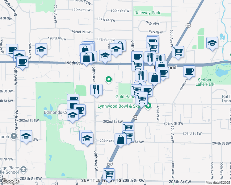 map of restaurants, bars, coffee shops, grocery stores, and more near 6527 200th Street Southwest in Lynnwood