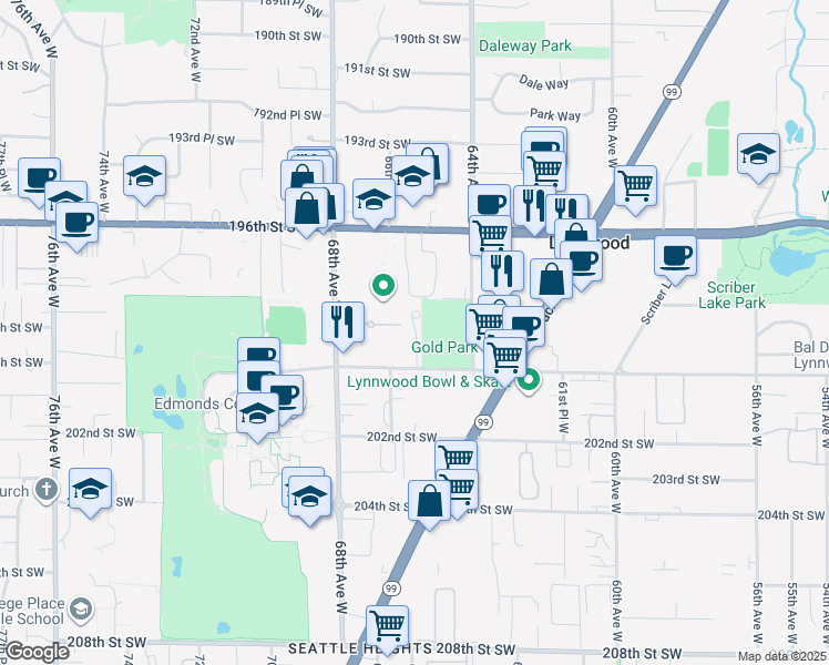map of restaurants, bars, coffee shops, grocery stores, and more near 6527 200th Street Southwest in Lynnwood