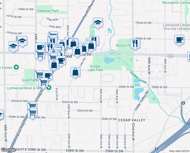 map of restaurants, bars, coffee shops, grocery stores, and more near 5630 198th St SW in Lynnwood