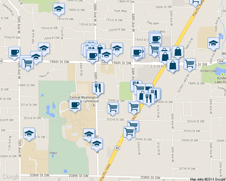 map of restaurants, bars, coffee shops, grocery stores, and more near 6604 198th Place Southwest in Lynnwood