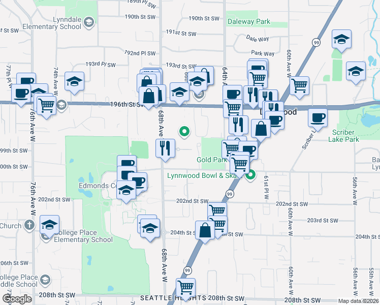 map of restaurants, bars, coffee shops, grocery stores, and more near 6604 198th Place Southwest in Lynnwood
