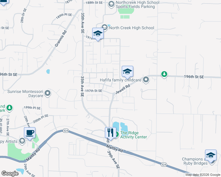 map of restaurants, bars, coffee shops, grocery stores, and more near 3724 196th Place Southeast in Bothell
