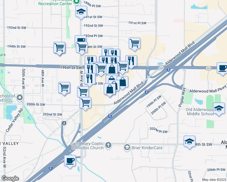 map of restaurants, bars, coffee shops, grocery stores, and more near 19820 40th Ave W in Lynnwood