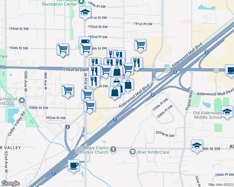 map of restaurants, bars, coffee shops, grocery stores, and more near 19820 40th Avenue West in Lynnwood