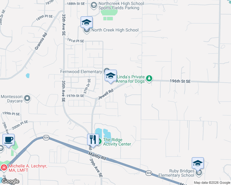map of restaurants, bars, coffee shops, grocery stores, and more near 3915 198th Street Southeast in Bothell