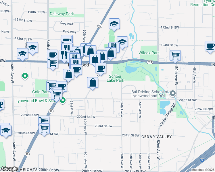map of restaurants, bars, coffee shops, grocery stores, and more near 5801 200th Street Southwest in Lynnwood