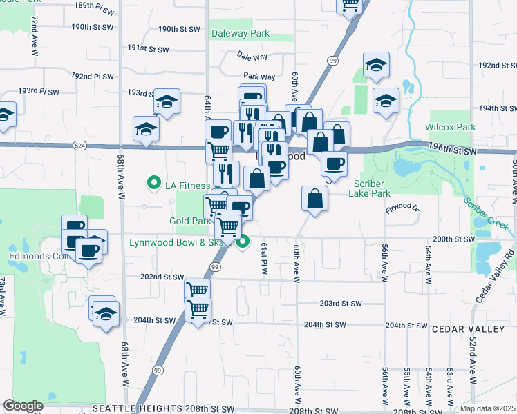 map of restaurants, bars, coffee shops, grocery stores, and more near 19825 Pacific Highway in Lynnwood