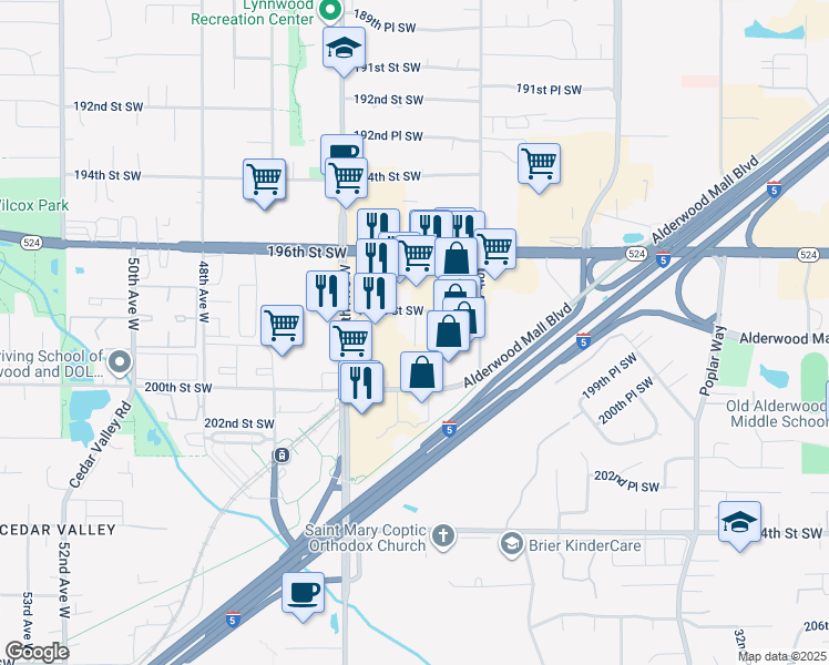 map of restaurants, bars, coffee shops, grocery stores, and more near 4202 198th St SW in Lynnwood