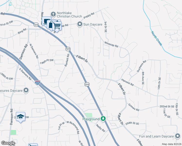 map of restaurants, bars, coffee shops, grocery stores, and more near 19714 Filbert Drive in Bothell