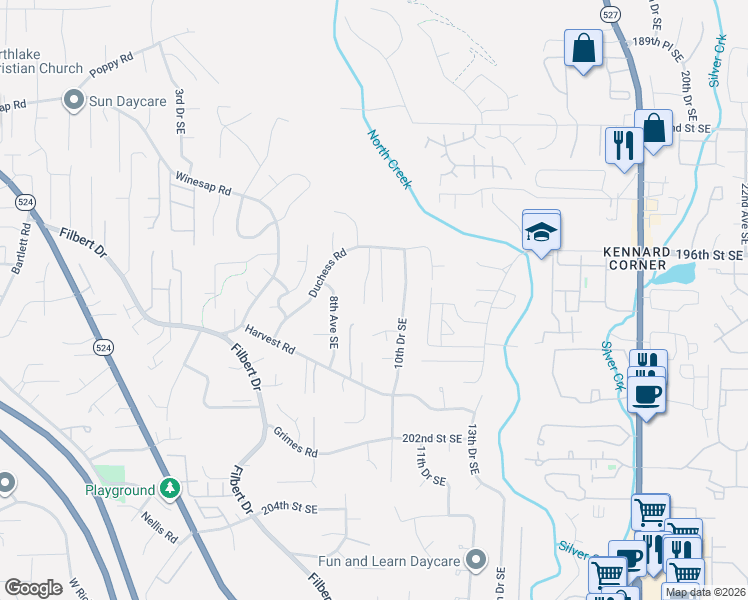 map of restaurants, bars, coffee shops, grocery stores, and more near 1000 Duchess Road in Bothell