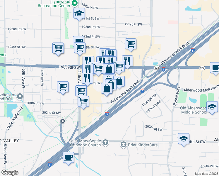 map of restaurants, bars, coffee shops, grocery stores, and more near 19820 40th Ave W in Lynnwood