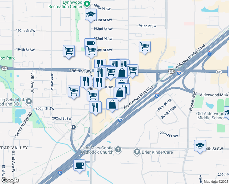 map of restaurants, bars, coffee shops, grocery stores, and more near 4202 198th St SW in Lynnwood